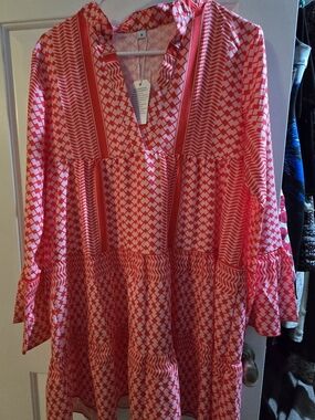 Boho Red Geo-Print V-Neck Women's Dress